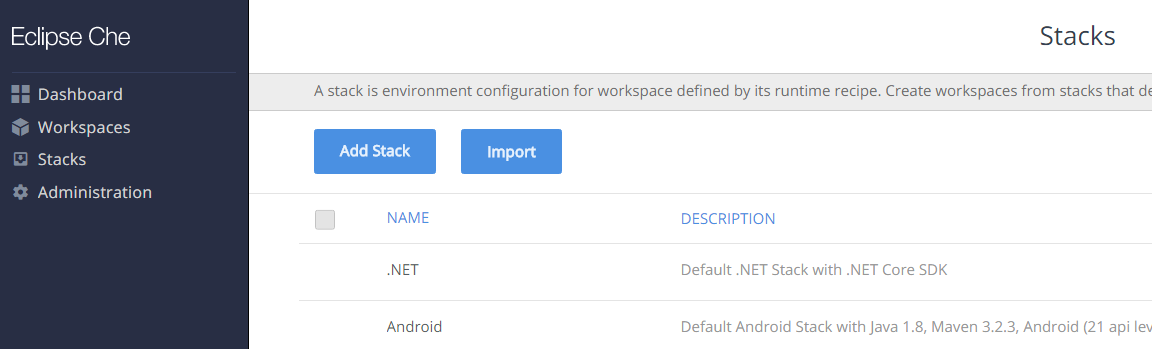 Creating a new stack in Eclipse Che from an existing Docker image ...