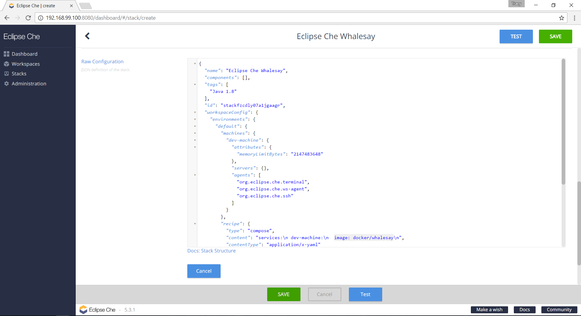 Creating a new stack in Eclipse Che from an existing Docker image ...